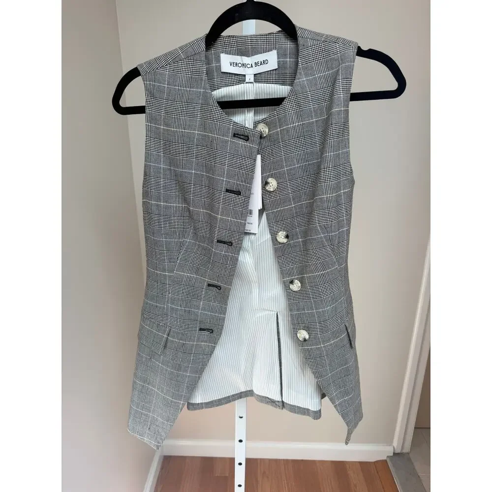 NEW Veronica Beard Lois Linen-Blend Vest Grey Plaid Tailored Top Size 4